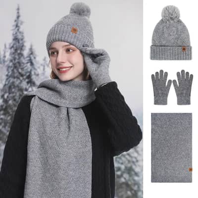 Women Winter 3-Piece Fleece Set - Beanie Cap, Scarf & Gloves