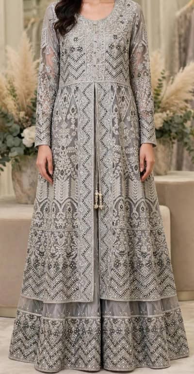 Silver Grey Front Open Bridal Maxi - Heavy Zigzag Embroidery - Medium