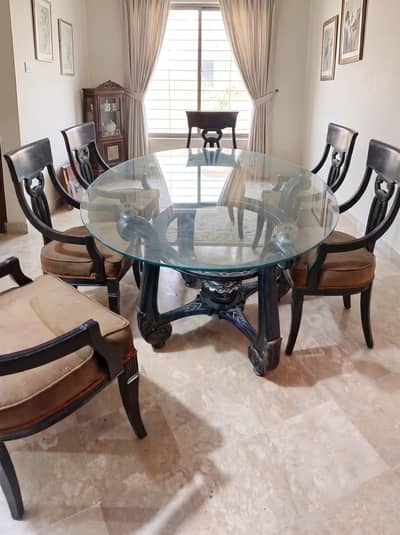 6 Seater Round Glass Top Dining Table Set with Carved Wooden Chairs