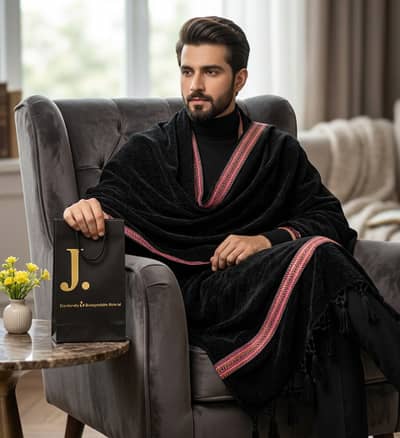 Premium Velvet Shawl Black  Embroidered Border