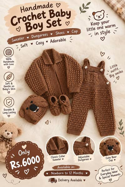 Handmade crochet baby boy cardigan romper set