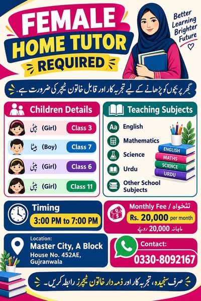 bacho ko ghr aa ka parhana ka liya female teacher ke zarort ha