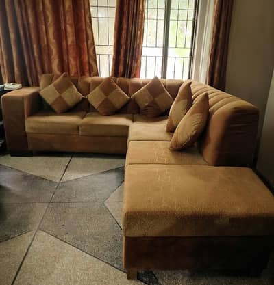 L shape Sofa set Premium Brown and Golden Design with cushions