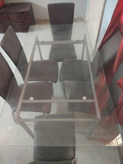 Modern 6 Seater Glass Top Dining Table Set with Cushioned Chairs