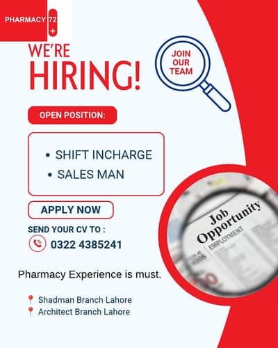 Job Opportunity | Shift Incharge | Sales man | Pharmacy
