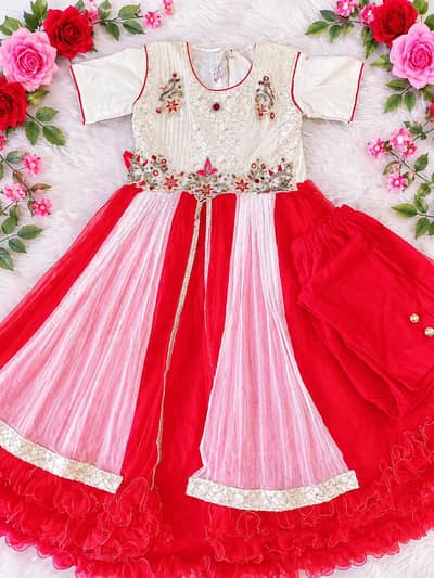 beautiful red of white fancy net frock with trouser age  12 years