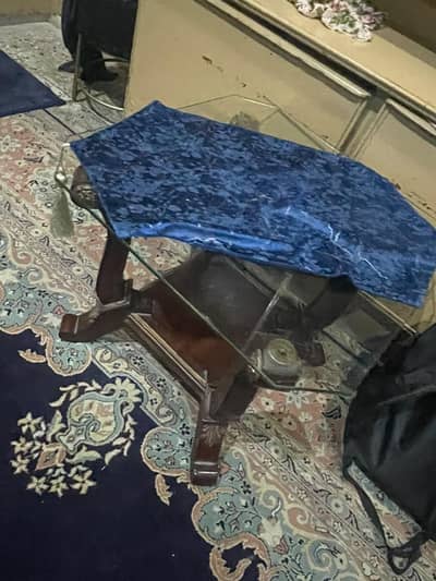 Set of 3 Glass Top Tables 1 Center Table + 2 Side Tables Wooden Base