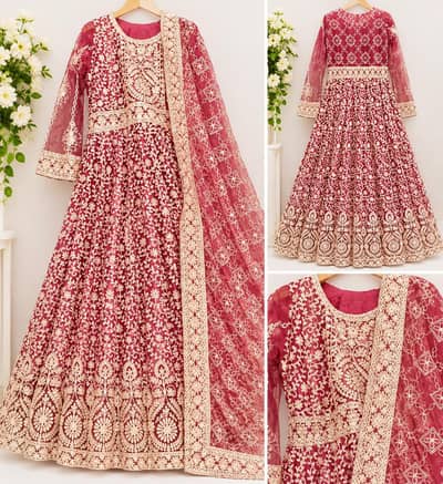 Beautiful Maroon Heavy Embroidered Maxi with Dupatta