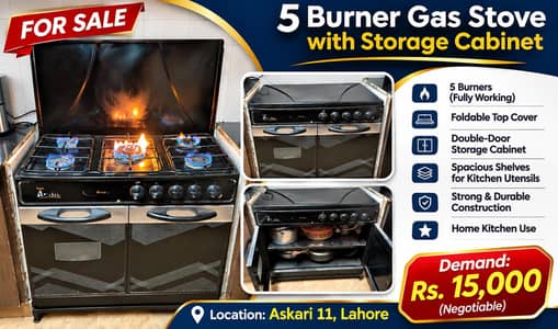 5 Burner Gas Stove with Storage Cabinet – Fully Working