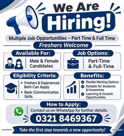 Multiple Job Opportunities – Part Time & Full Time | Freshers Welcome