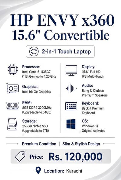 HP Envy x360 15.6 Convertible | i5 11th GEN | 8GB Ram | 256 SSD |Touch