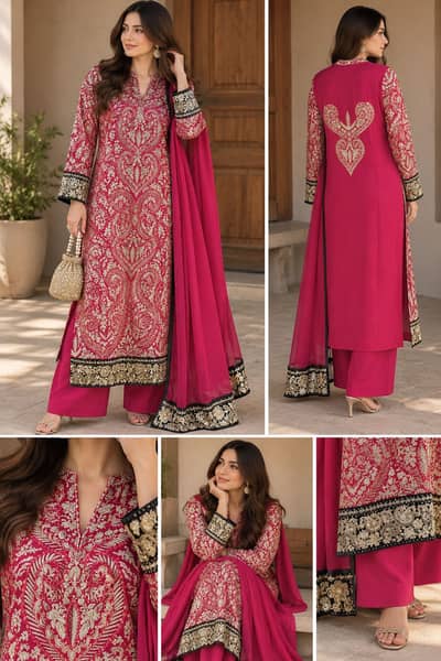Beautiful Magenta Pink Embroidered 3-Piece Suit with Dupatta