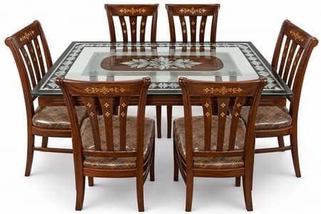 6 Seater Wooden Dining Table Set with Glass Top – Excellent Condition
