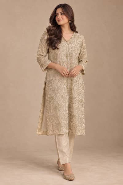 Elegant Champagne Gold Embroidered Formal Kurta with Trouser