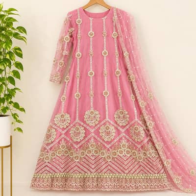 Beautiful Pink Heavy Embroidered 3 Piece Party Wear Suit