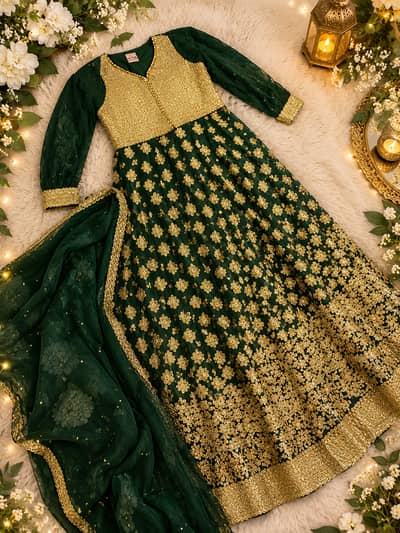Beautiful Green heavy embroided party wear frock/