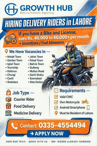Hiring Parcel Delivery Riders in Lahore