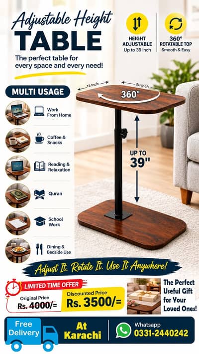 Adjustable Height C-Shape Laptop Table / Bedside Study Desk