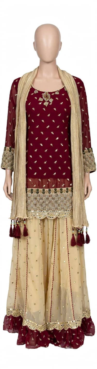 Designer Maroon Gharara - Self Stitched - Worn Once
