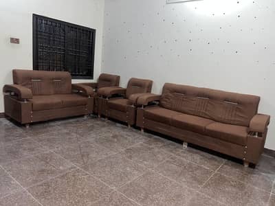 7 Seater Brown Sofa Set with Sofa Covers – Urgent Sale