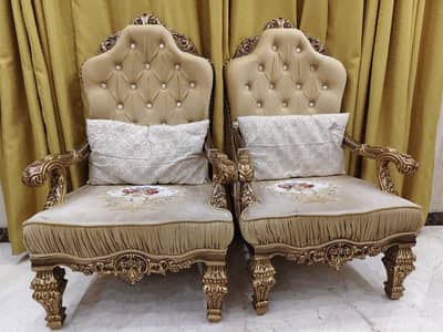 Carved Solid Wood Sofa Chairs (Set of 2) with Glass-Top Table