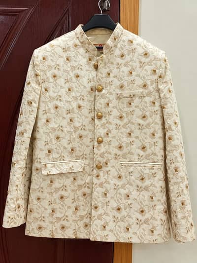 Men's cream golden embroidered prince coart.