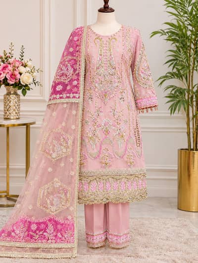 Luxury Pink 3 Piece Embroidered Wedding/Party Wear Suit