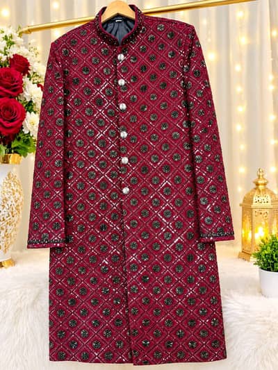 Maroon Velvet Embroidered Sherwani with Matching Pagri