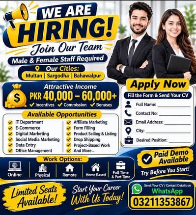 We are hiring staff males and females for Sargodha Multan bahwalpur