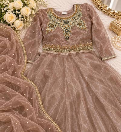 Elegant Taupe Organza Maxi – Heavy Golden Embroidered Party Wear