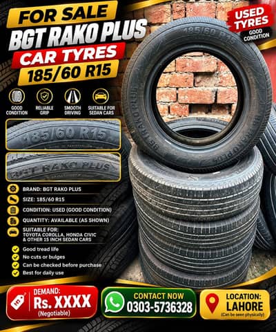 BGT RAKO PLUS 185/60 R15 ORIGINAL USED CAR Tyres -Good Condition