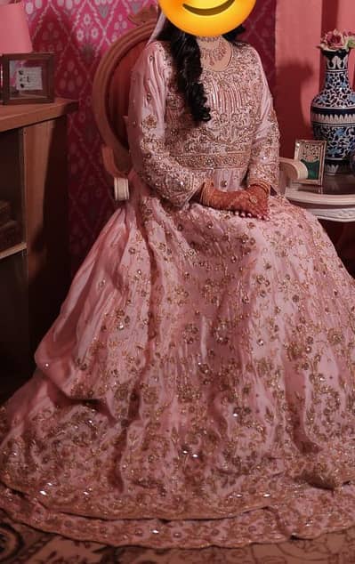 Baby Pink Bridal Maxi / Wedding Dress with Heavy Golden Embroidery