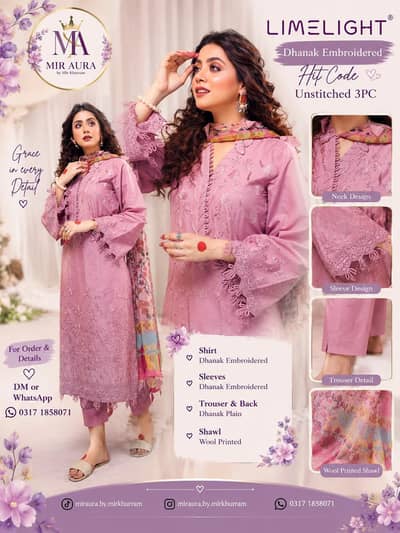Mir Aura Limelight Dhanak Embroidered 3PC Unstitched Suit - Pink
