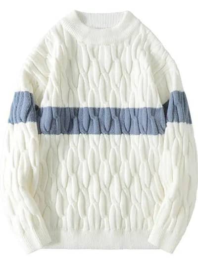 Men's White Cable Knit Pullover Sweater Retro Loose All-match