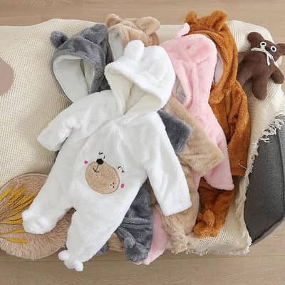Cartoon Bear Velvet Fleece Baby Hooded Jumpsuit
