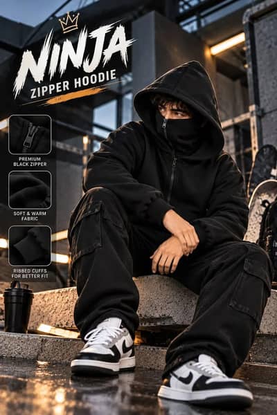 1 Pc Men. s Flecce Plain zipper hoodie [ NINJA HOODIE]